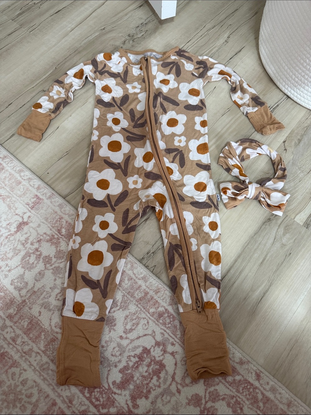 Little Sleepies Tan Floral Footed One-Piece with Headband